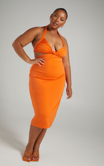 Maurine Halter Neck Cut Out Midi Dress in Orange