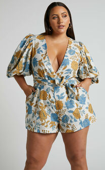Amalie The Label - Emerita Open Back Puff Sleeve Plunge Playsuit in Valencia Floral