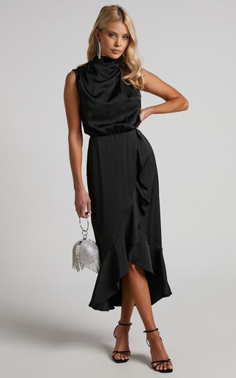 Billie Midi Dress - High Neck Drape Frill Hem Dress in Black
