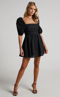 Claudina Mini Dress - Puff Sleeve Ruched Bodice Dress in Black