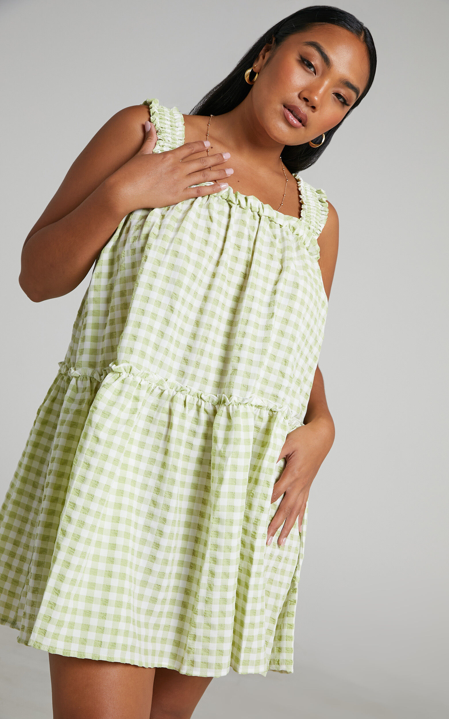 Meldzie Gingham Tiered Mini Dress in Meldzie Lime Gingham - 06, GRN1, super-hi-res image number null