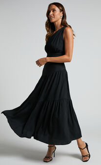 Celestia Midi Dress - Tiered One Shoulder Dress in Black