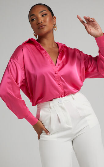 Blaze Oversized Relaxed Shirt in Hot Pink Satin