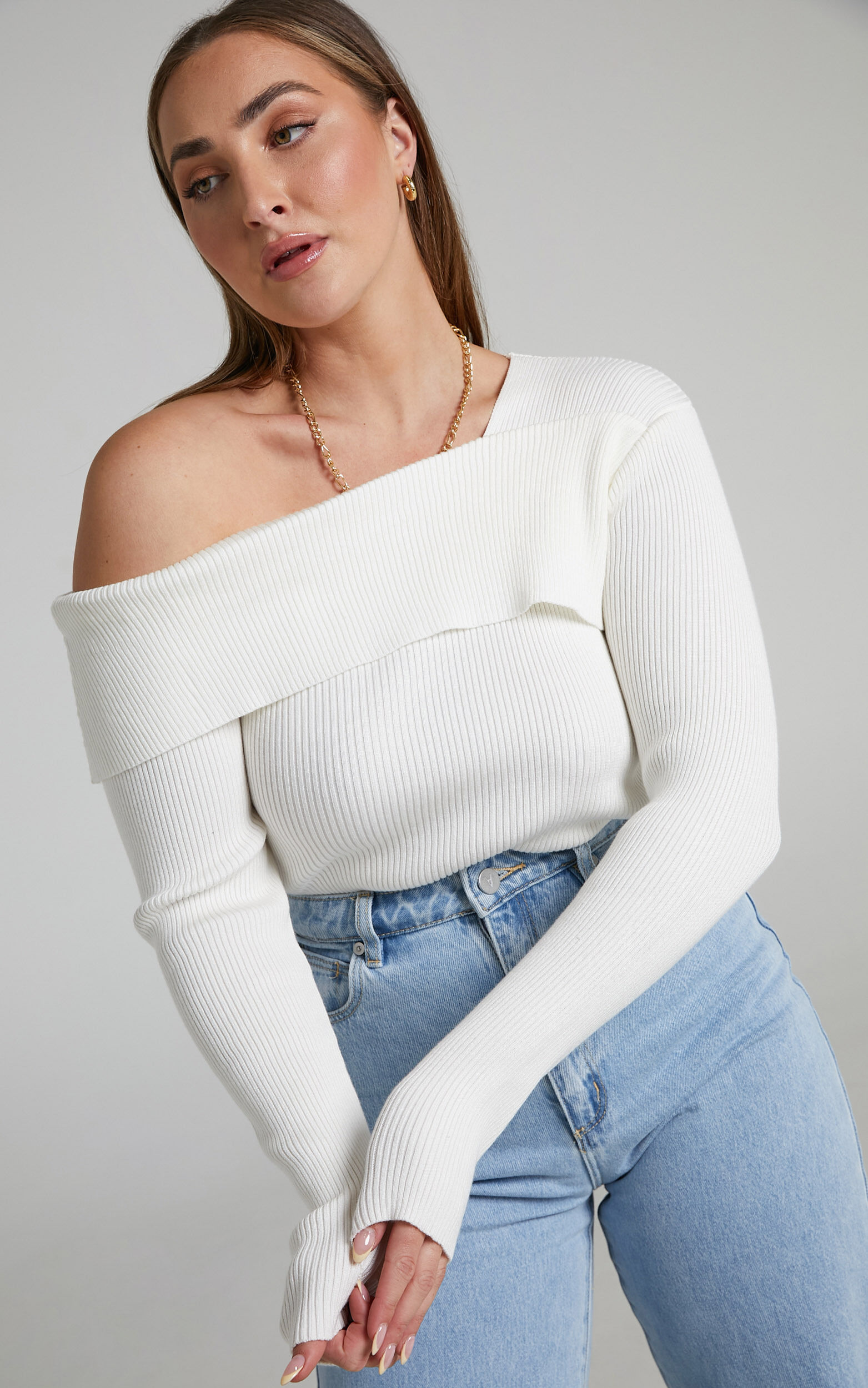 One Shoulder Long Sleeve Top in White | Showpo USA