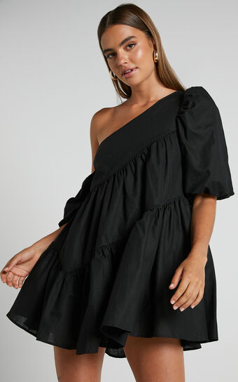 Harleen Mini Dress - Asymmetrical Trim Puff Sleeve Dress in Black ...