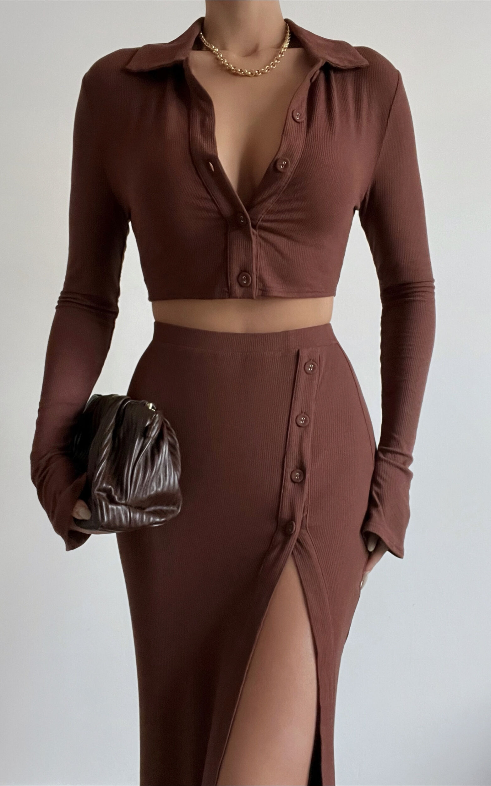 Meschelle Two Piece Set - Collared Front Crop Top and Side Split Midaxi Skirt Set in Chocolate - 04, BRN1