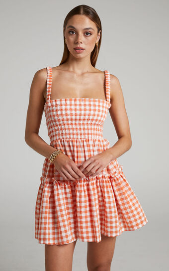 Wilda Mini Dress - Shirred Tiered Dress in Orange