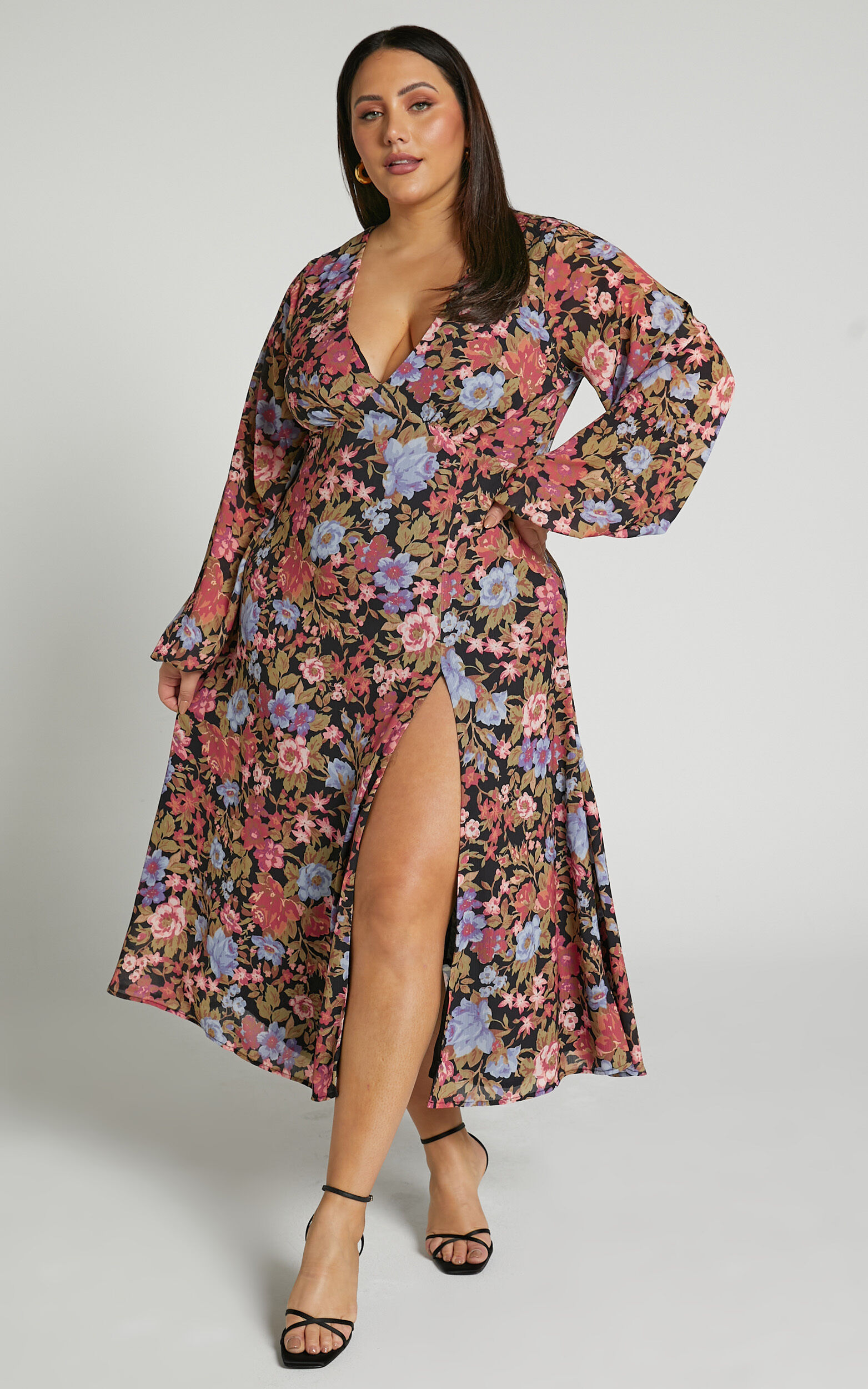 Henny Midi Dress - Long Sleeve Split Dress in Dusk Floral | Showpo USA