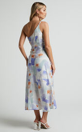 Alyssia Midi Dress - One Shoulder Ruched Satin Dress in Blue Floral ...