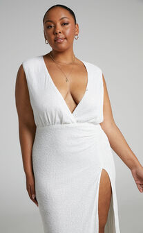 Helaena Plunge Neck Thigh Split Sequin Maxi Dress in White