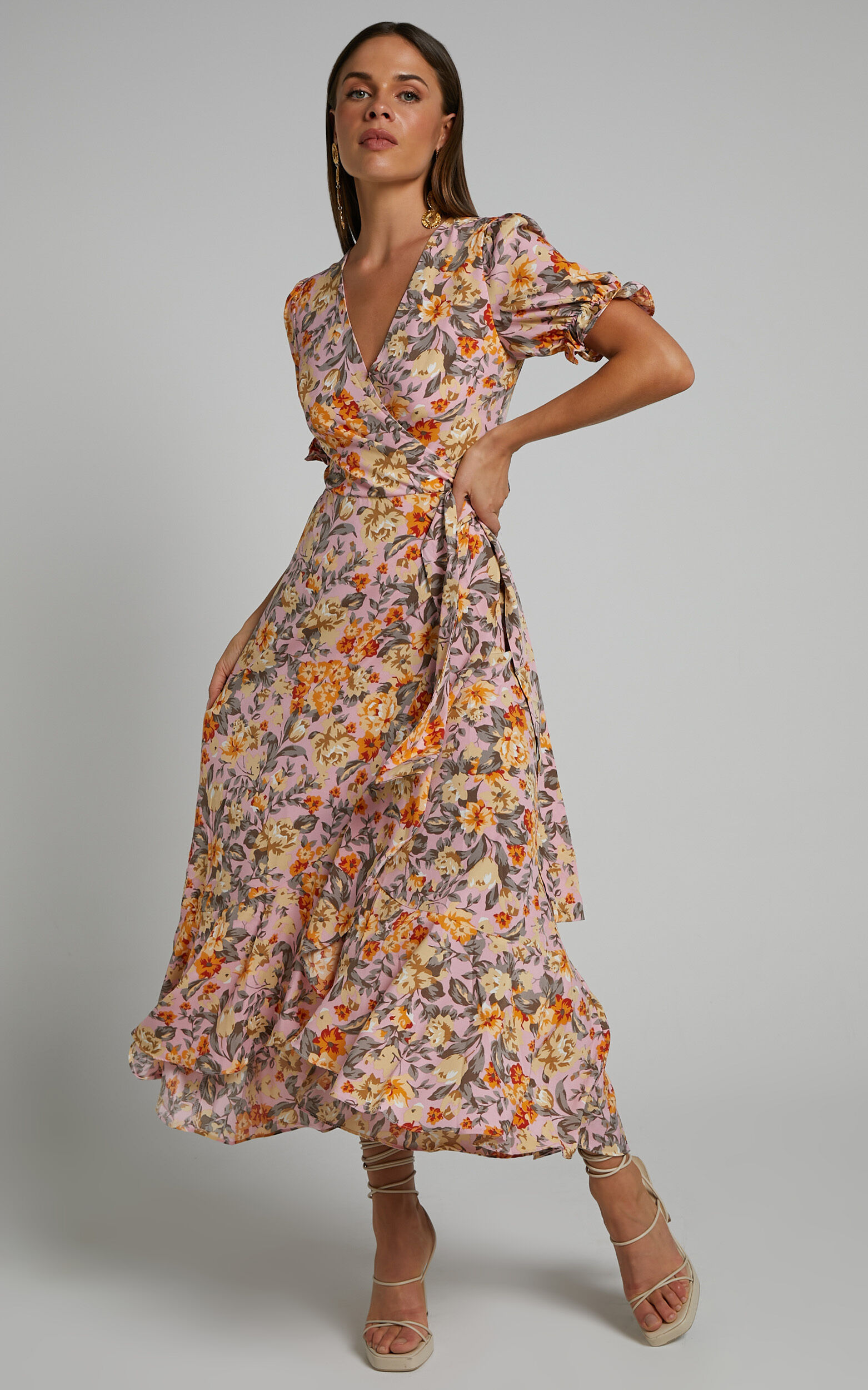 Lisse Frill Detail V Neck Wrap Maxi Dress in Pink Floral - 04, PNK2, super-hi-res image number null