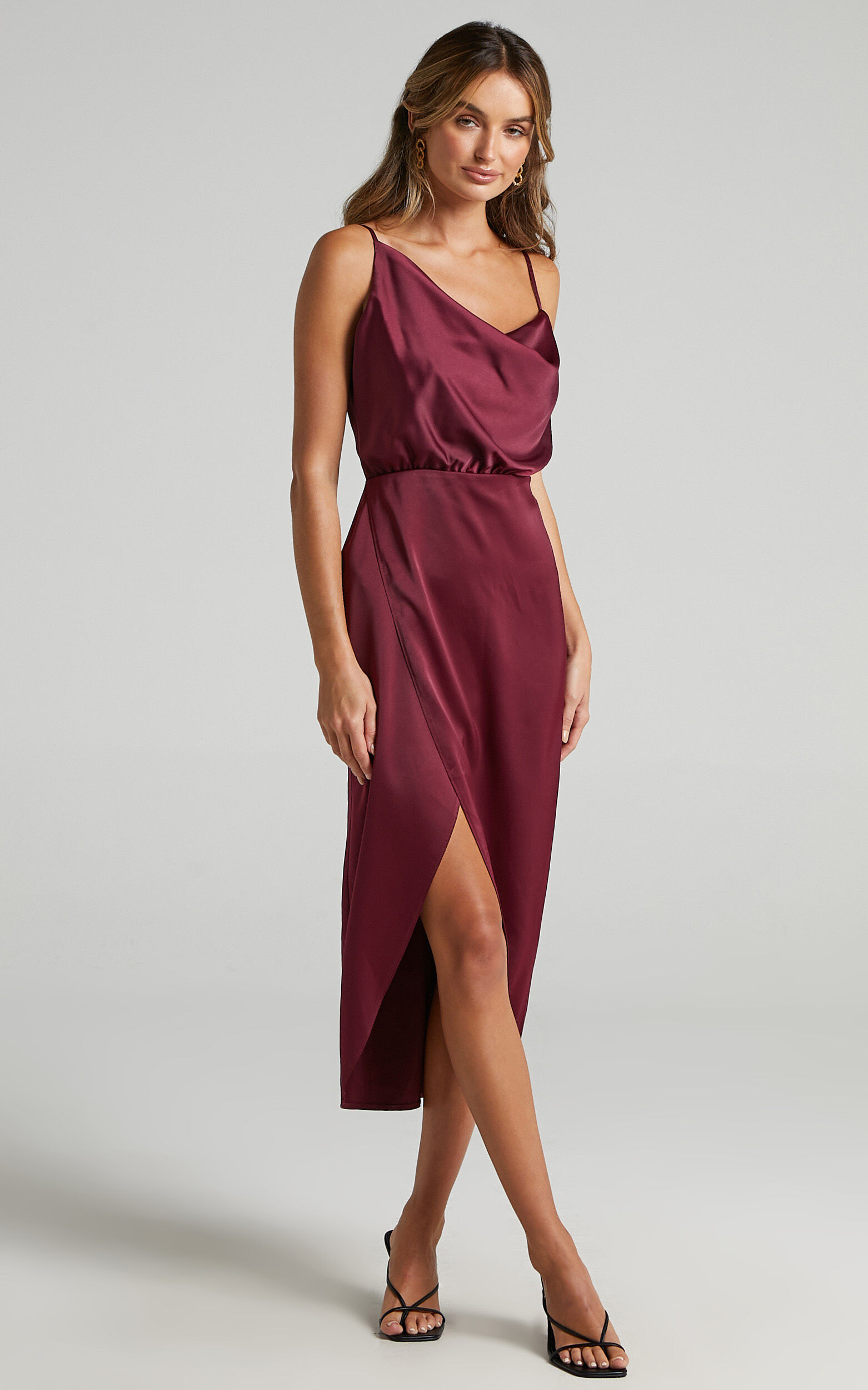 Sisters by Heart Asymmetric Cowl Neck Midi Dress in Mulberry Satin - 06, PNK2, super-hi-res image number null