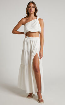 Aerilyn Two Piece Set - One Shoulder Crop Top and Midaxi Skirt Set in Ivory