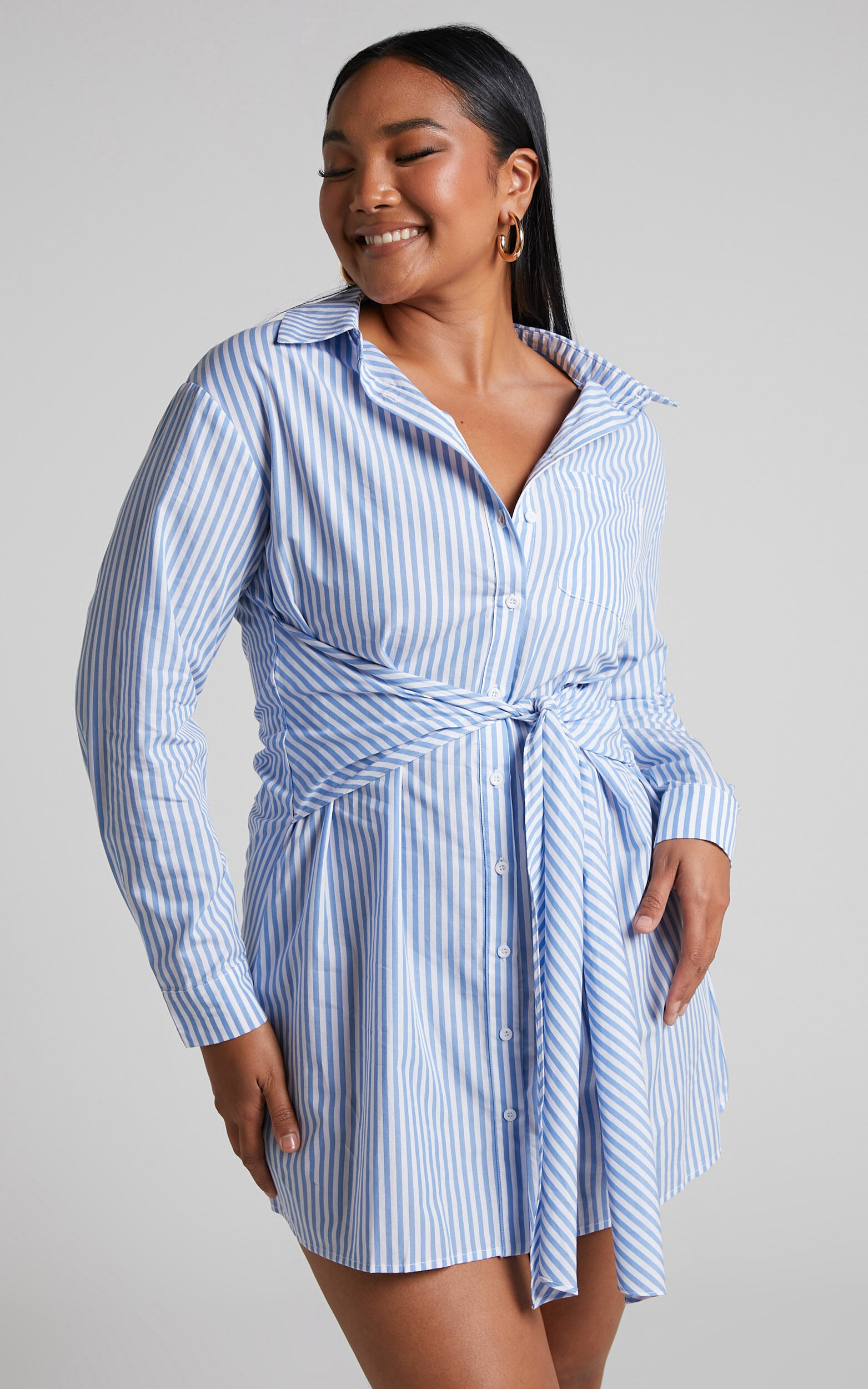 Macie Mini Dress - Tie Front Shirt Dress in Blue - 06, BLU1, super-hi-res image number null