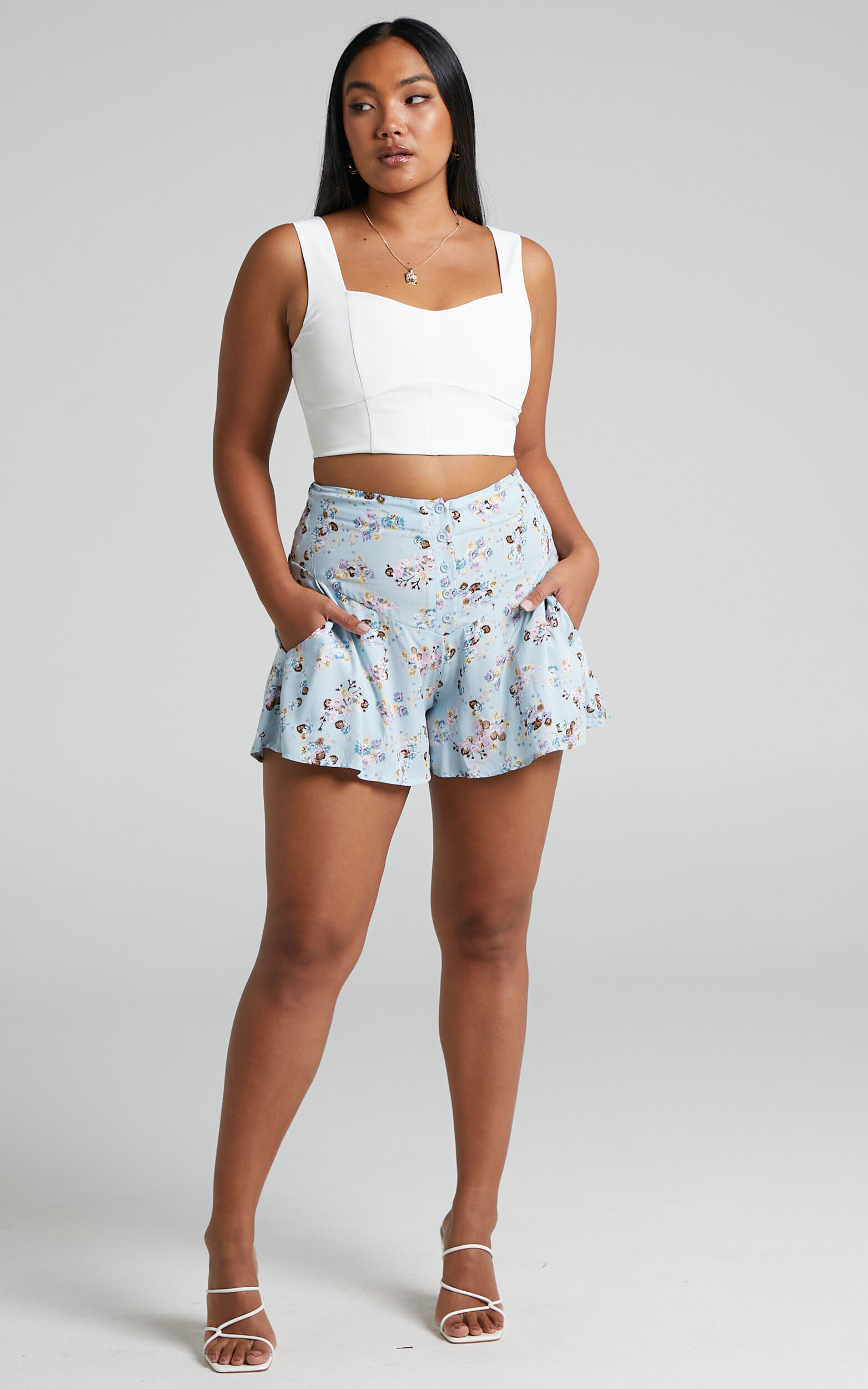 Caridad Floaty Mini Shorts in Baby Blue Floral - 04, BLU1, super-hi-res image number null