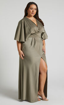 Gemalyn Midaxi Dress - Angel Sleeve V Neck Split Dress in Olive