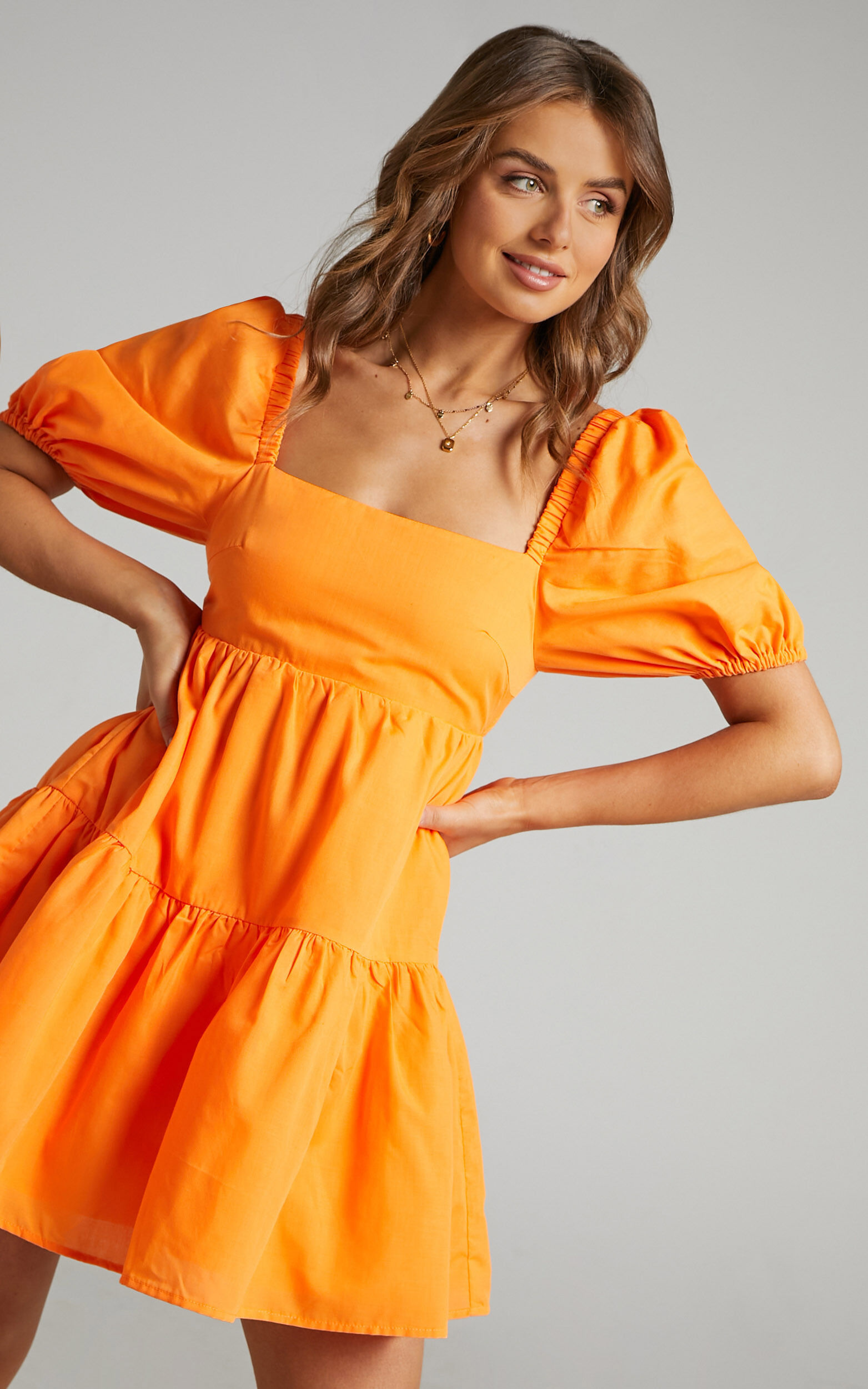 Hazel Mini Dress - Short Sleeve Tiered Tie Back Smock Dress in Orange - 06, ORG2
