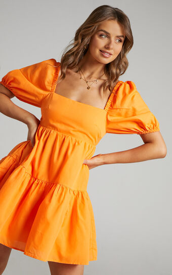 Hazel Mini Dress - Short Sleeve Tiered Tie Back Smock Dress in Orange
