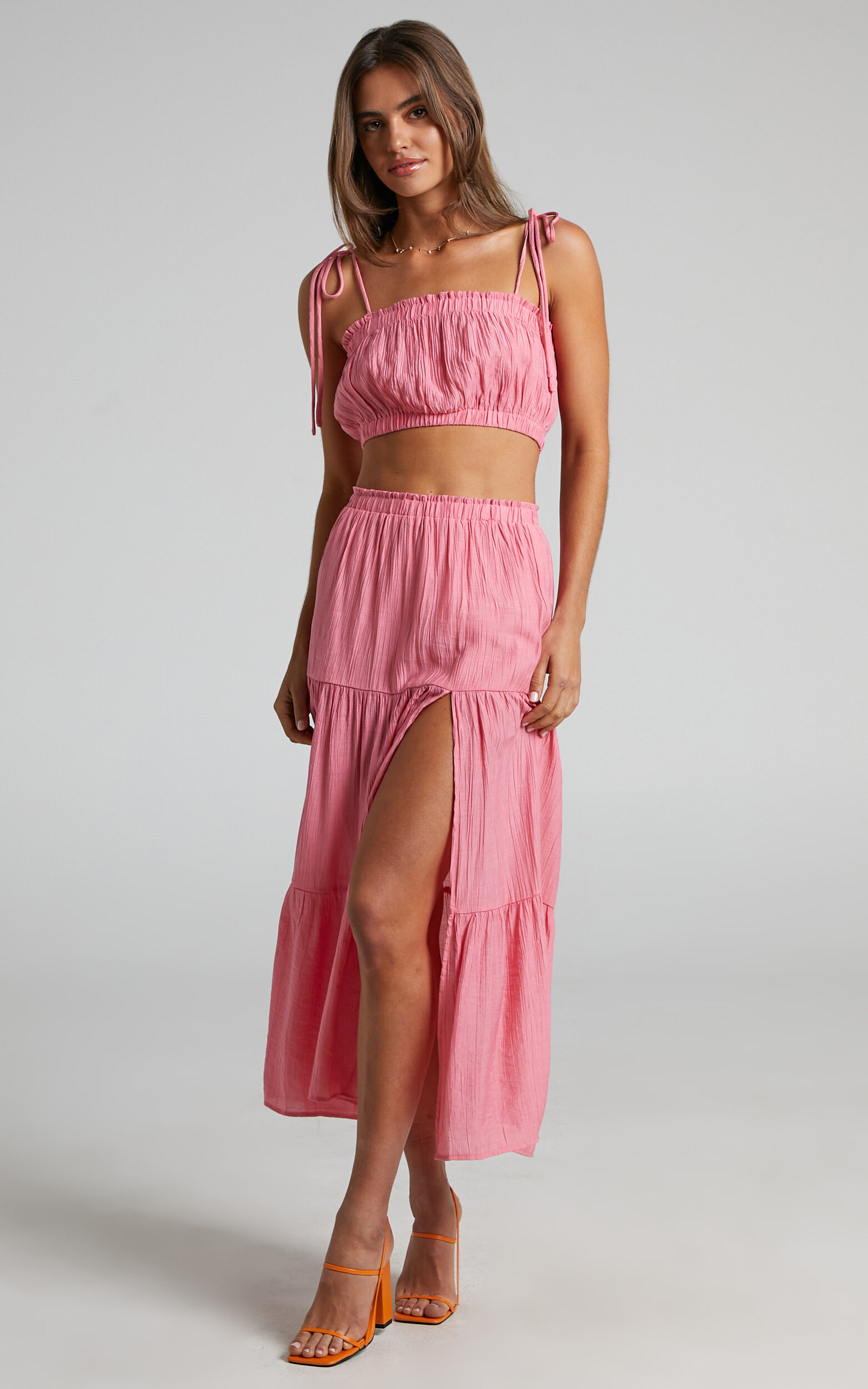 Mariah Tie Strap Crop Top and Tiered Midi Skirt Two Piece Set in Pink - 04, PNK1