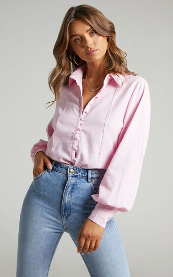 Kiva Blouse - Long Sleeve Button Up Blouse in Baby Pink