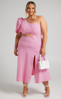 Marcia One Shoulder Midi Dress with Side Cut Out in Pink Linen Look