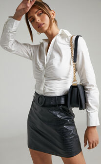 Leonara Croc Embossed Belted Mini Skirt in Black PU