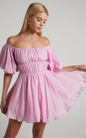 Jessra Mini Dress - Off Shoulder Puff Sleeve Dress in Pink
