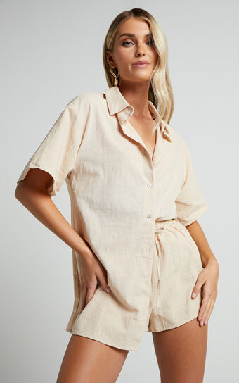 Vina Del Mar Two Piece Set - Button Up Shirt and Shorts Set in Oatmeal