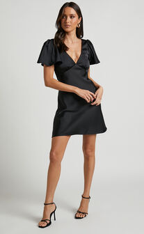 Goranson Flutter Sleeve Mini Dress in Black
