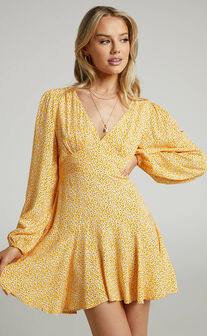 Riecha Long Sleeve Mini Dress in Yellow Floral