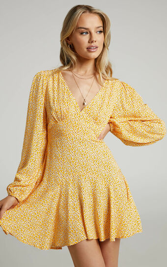 Riecha Mini Dress - Long Sleeve V Neck Dress in Yellow Floral