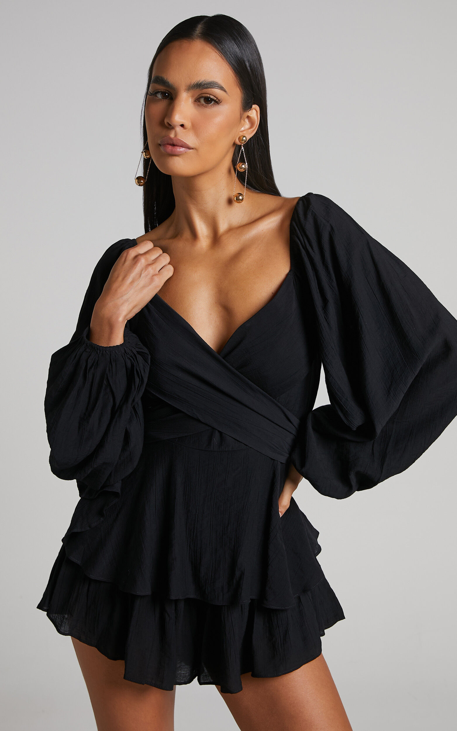 Florice Playsuit - Wrap Front Frill Playsuit in Black - 04, BLK4