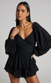 Florice Wrap Front Frill Playsuit in Black