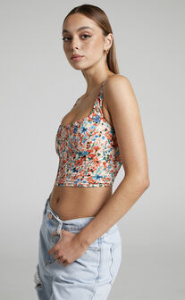 Keriana Square Neck Cropped Corset Top in White / Rust / Blue Floral