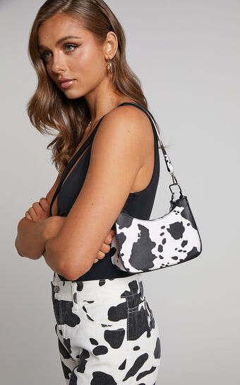 Yassey Silver Chain Strap Shoulder Bag in Black/White Cow Print