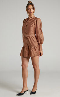 Aniyah Belted Long Sleeve Button Through Mini Dress in Rust