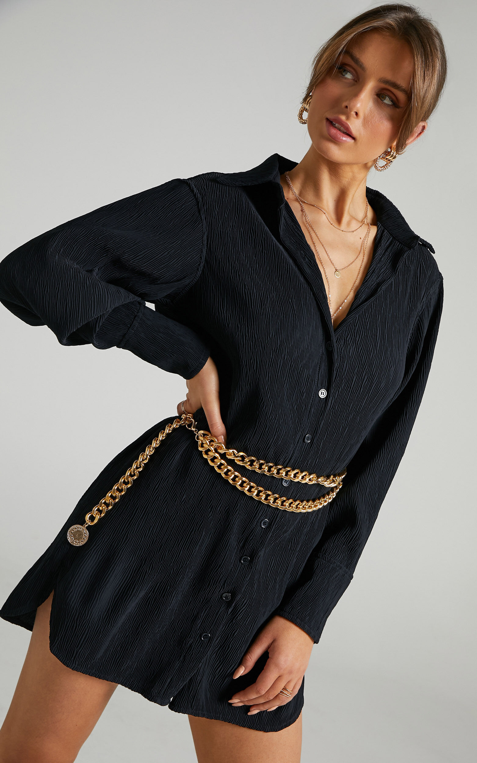 Simae Textured Button Up Shirt Dress in Black - 04, BLK1, super-hi-res image number null