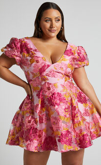 Brailey Jacquard Mini Dress - Puff Sleeve Dress in Pink