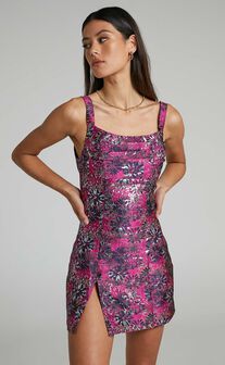 Brailey Rae Pleated Bust Front Split Mini Dress in Pink Floral