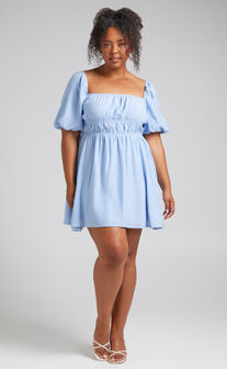 Maretta Stretch Waist Square Neck Mini Dress in Blue