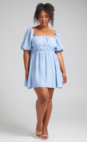 Maretta Stretch Waist Square Neck Mini Dress in Blue