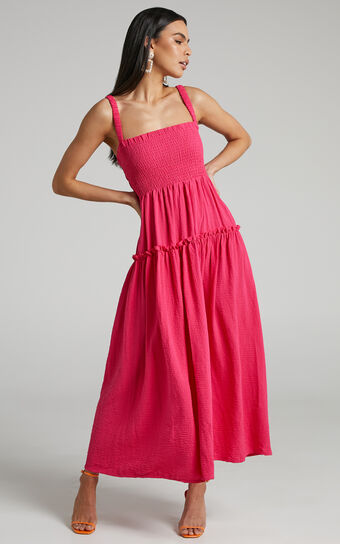 Khayeen Midi Dress - Shirred Bodice Dress in Pink