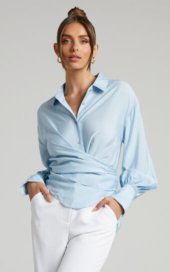 Ehrna Shirt - Twist Front Collared Long Sleeve Shirt in Blue
