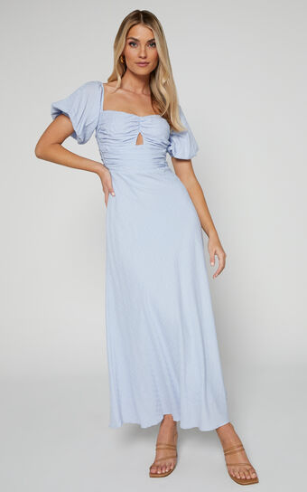 Vynna Midaxi Dress - Scoop Neck Puff Sleeve Ruched Bust A Line Dress in Blue