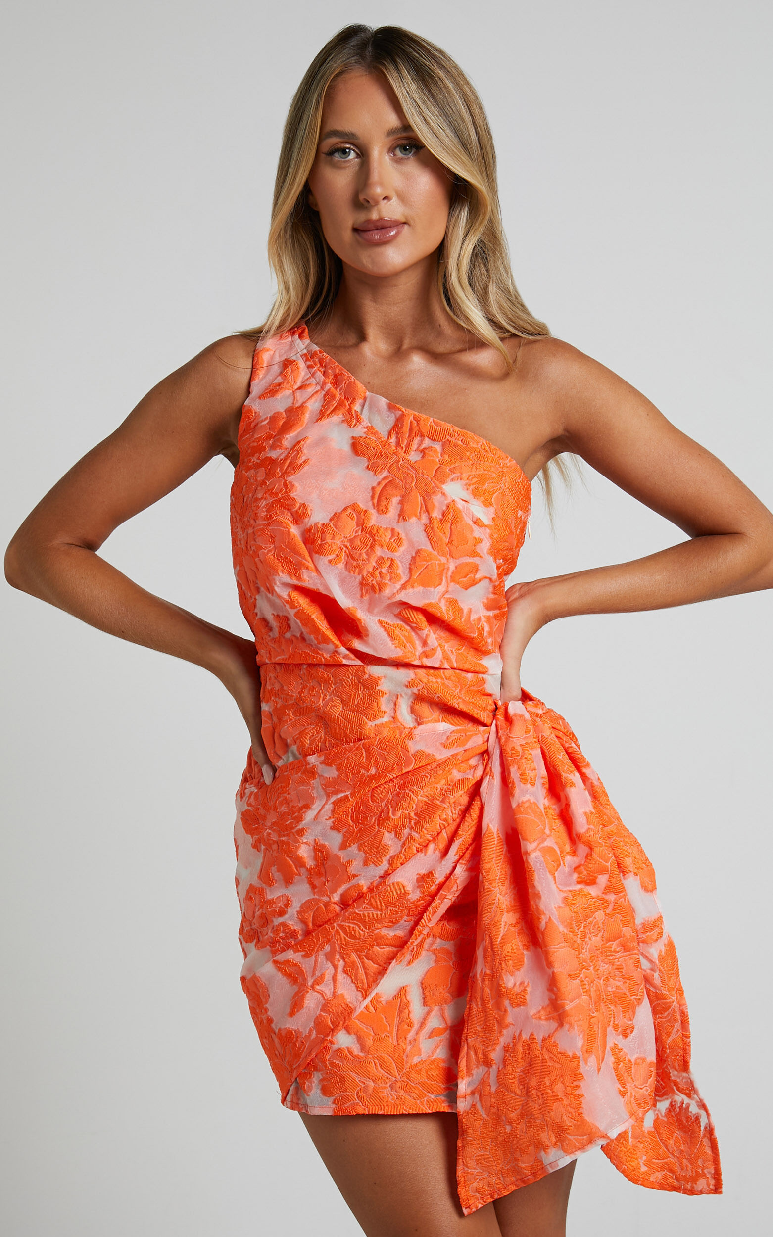 Kailey One Shoulder Wrap Front Mini Dress in Orange & Beige Jacquard - 04, ORG2, super-hi-res image number null