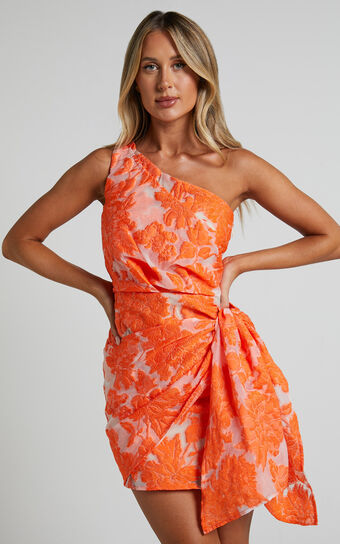 Kailey One Shoulder Wrap Front Mini Dress in Orange & Beige Jacquard