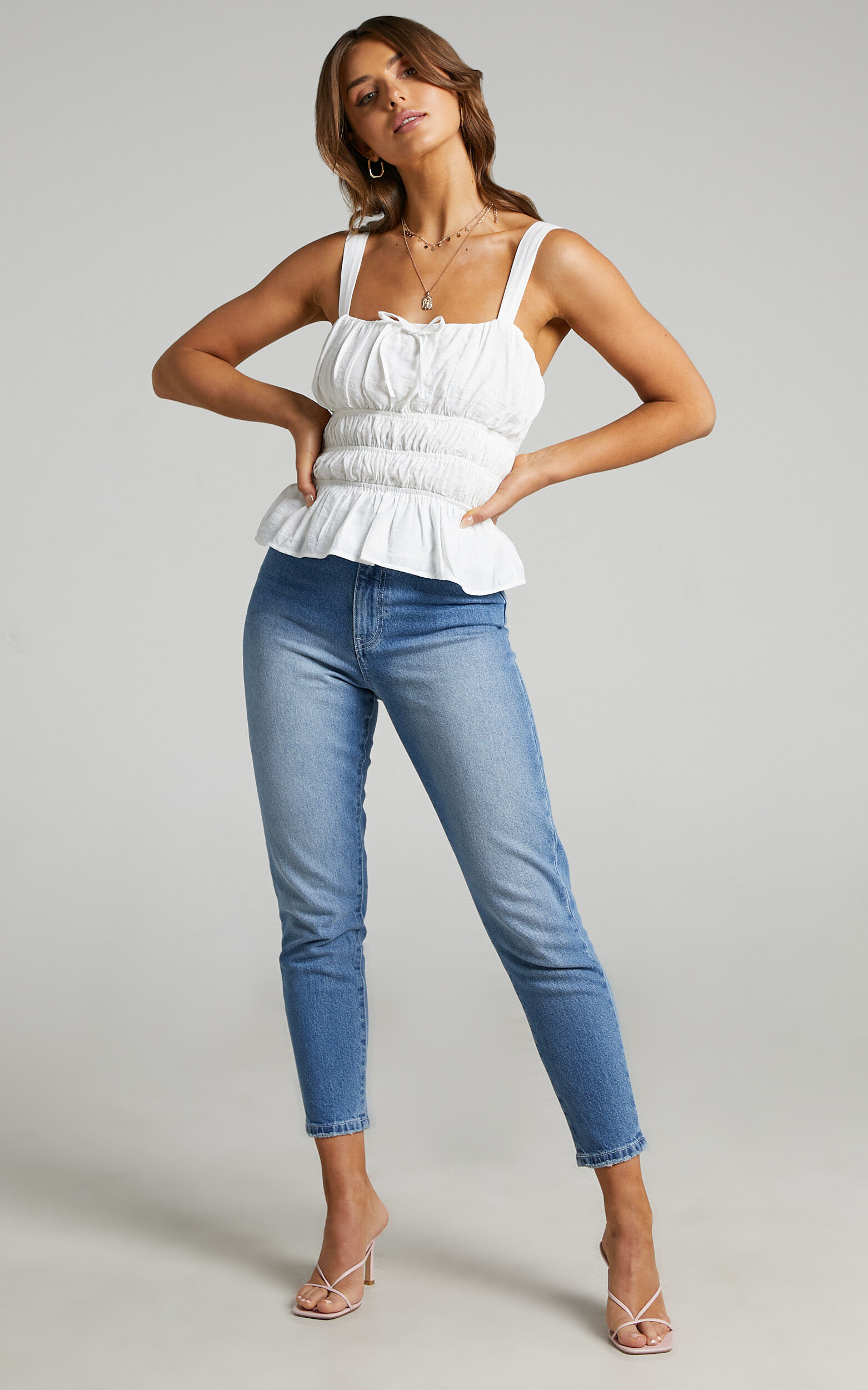 Novana Ruched Peplum Top in White - 06, WHT1, super-hi-res image number null