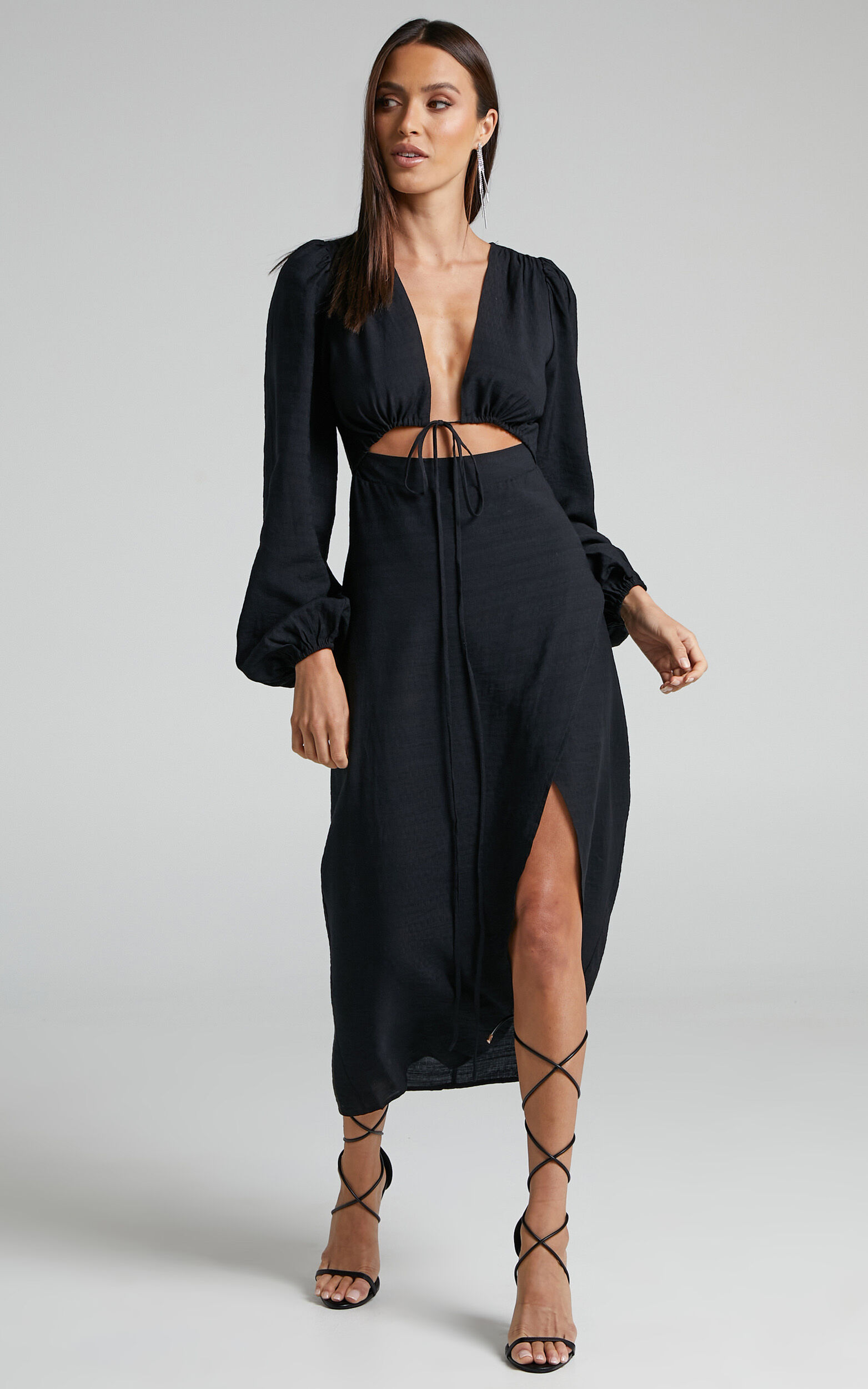 Demieh Midi Dress - Front Cut Out Long Sleeve Dress in Black | Showpo USA