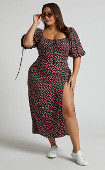 Rosario Midi Dress - Ruched Bust Puff Sleeve Dress in Black Floral