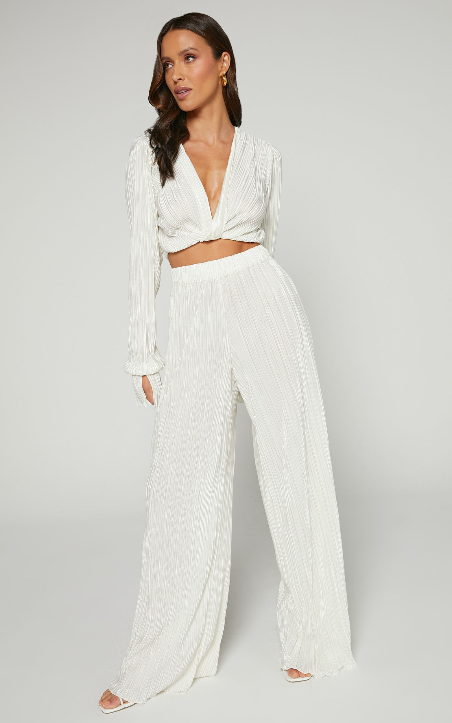 Aluna Two Piece Set - Plisse Twist Front Crop Top and Wide Leg Pants Set in Oyster - 04, CRE1